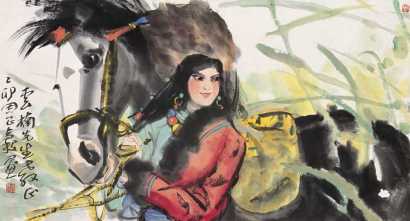 周昌谷 1975年作 少女与马 镜心